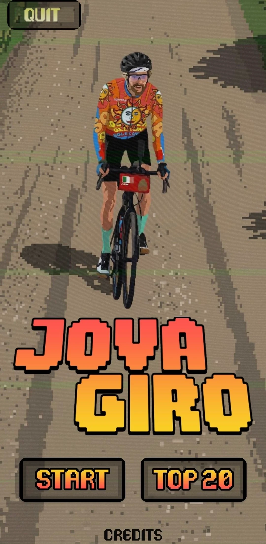 Schermata ufficiale di Jovagiro: Jovanotti in bicicletta, grafica retro e pulsanti Start e Top 20