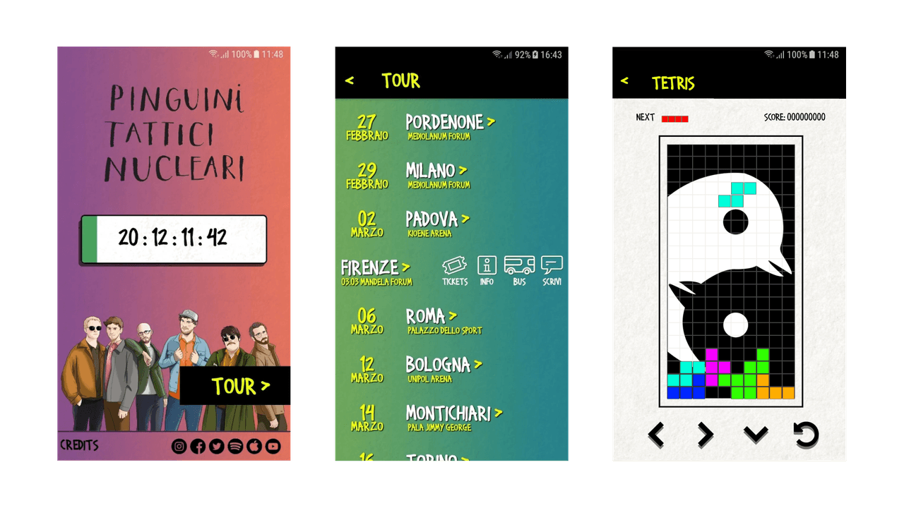 Schermate dell’app dei Pinguini Tattici Nucleari: home con countdown, date del tour e messaggi alla band